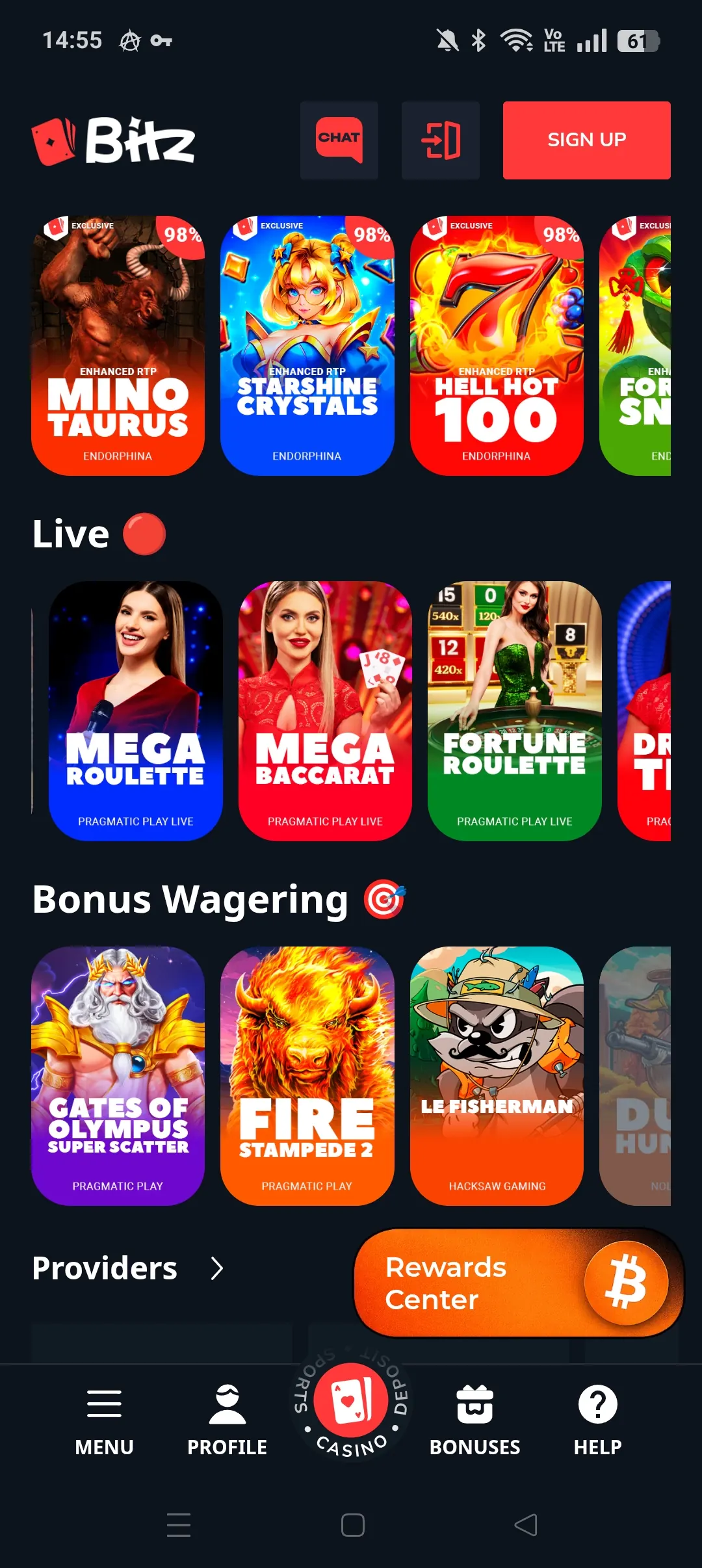 Bitz mobile lobby with live content and game tiles