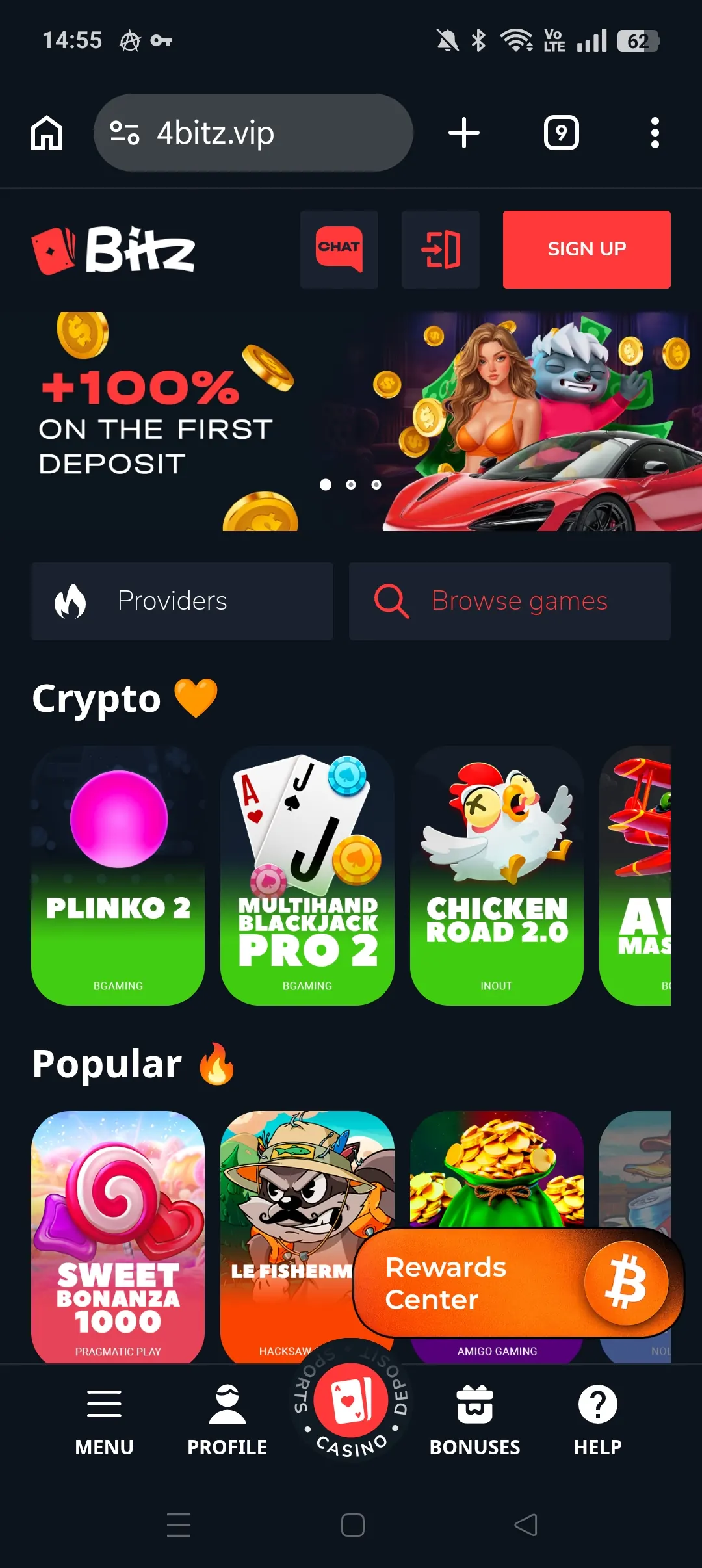 Bitz mobile home screen with highlights and game shortcuts