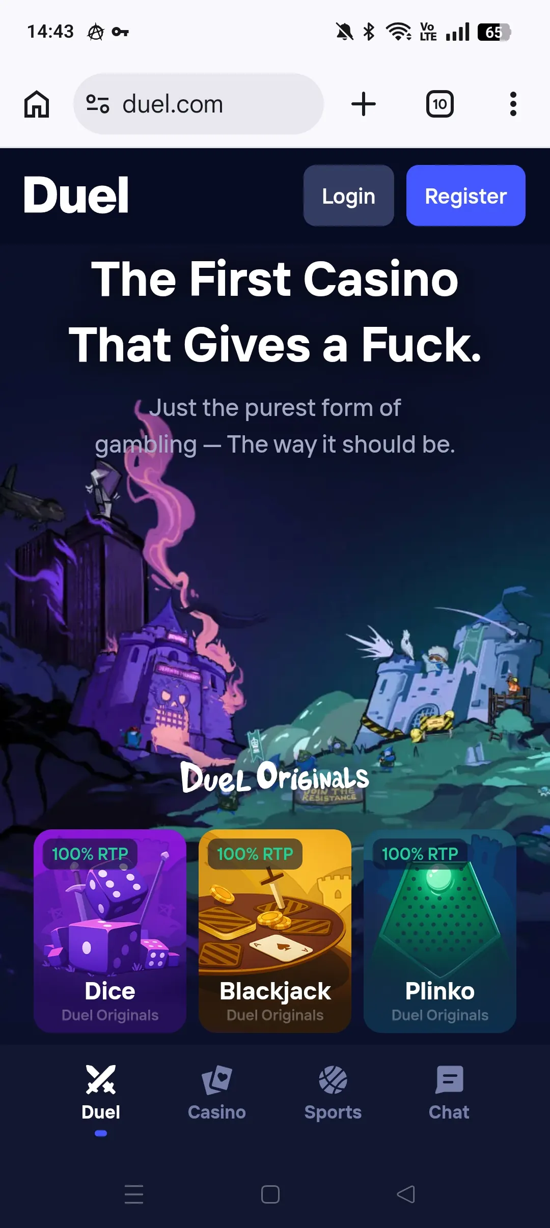 Duel mobile landing screen with direct casino entry