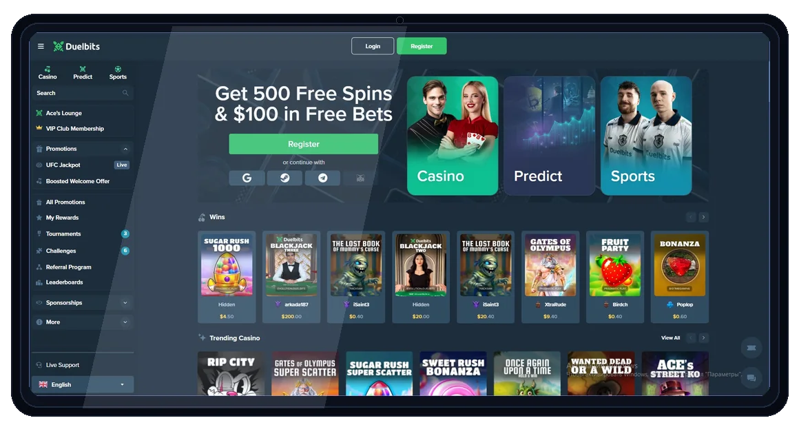 DuelBits desktop home in laptop mockup