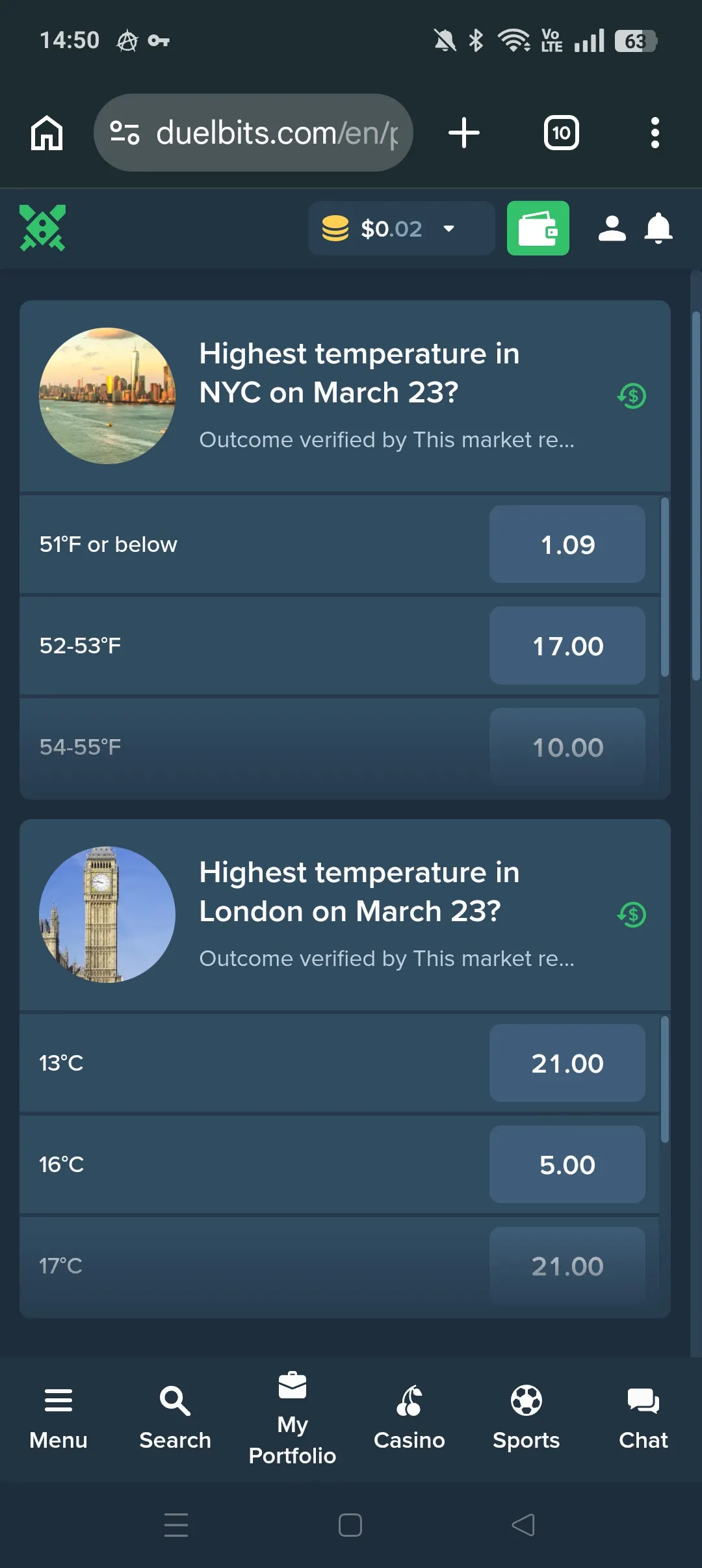 DuelBits mobile account and cashier area