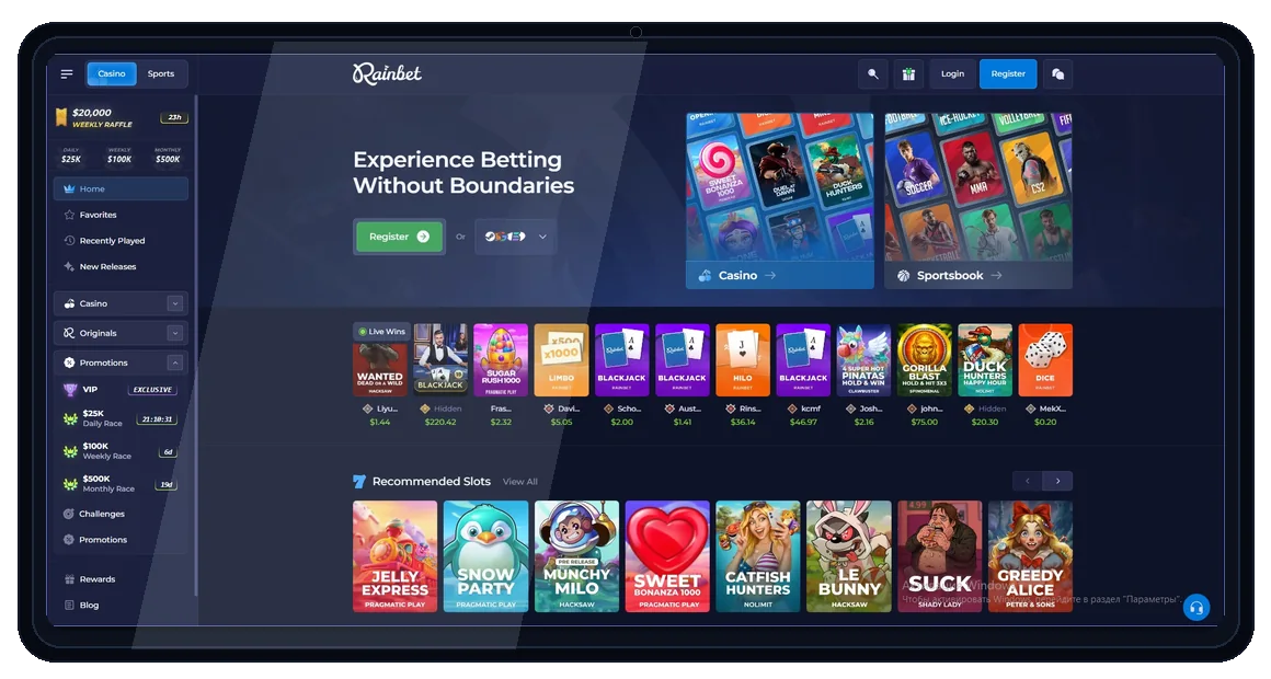 Rainbet desktop home in laptop mockup