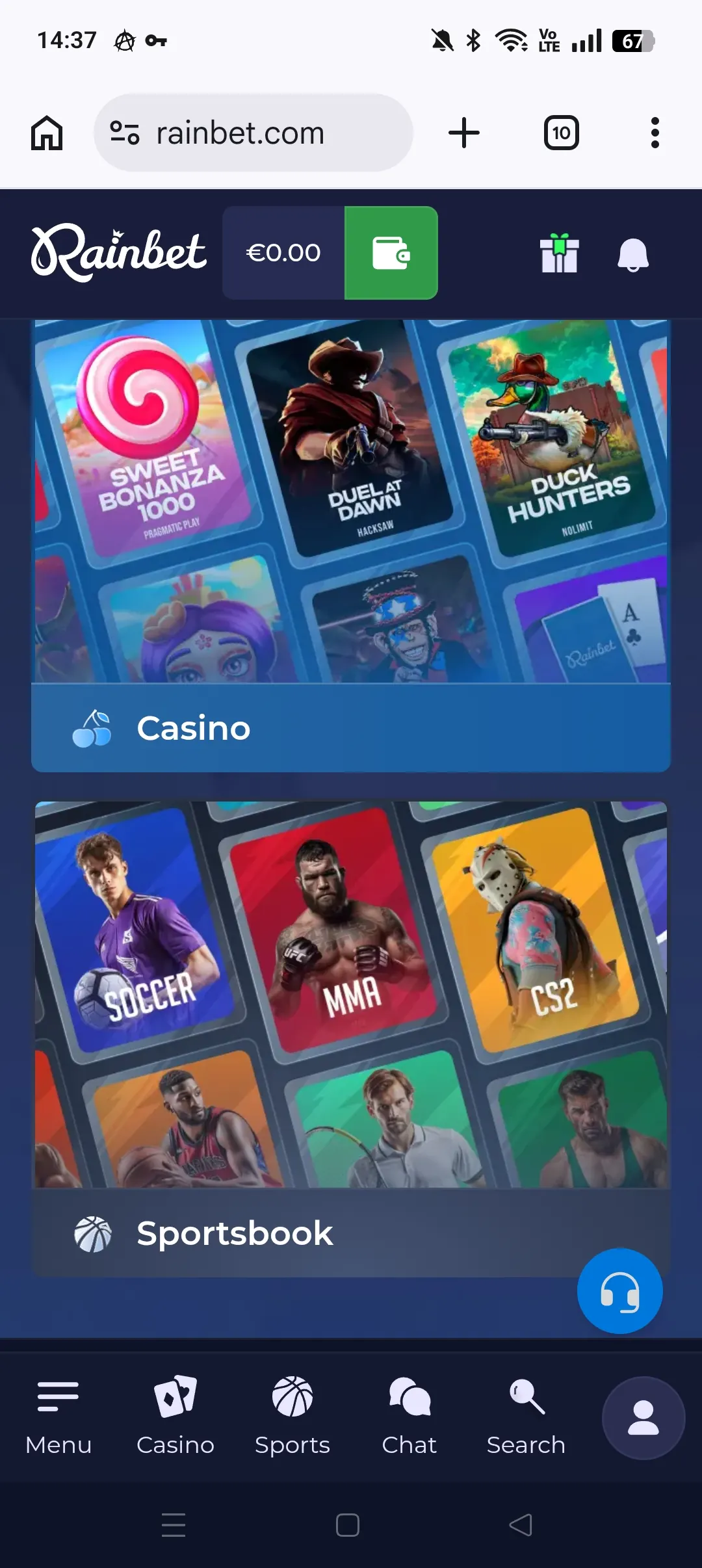Rainbet mobile home with category cards and sportsbook tab