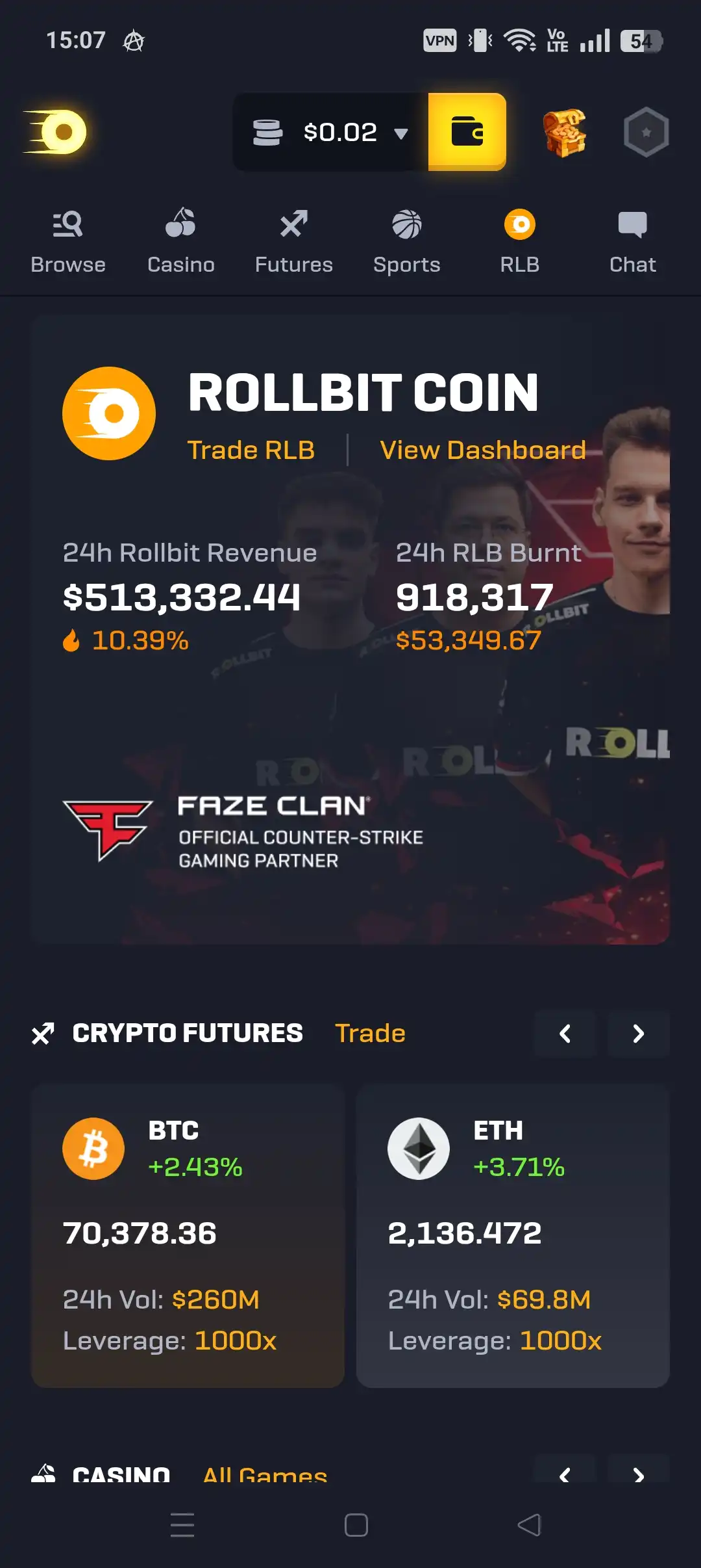 Rollbit mobile dashboard with RLB stats and crypto futures widgets