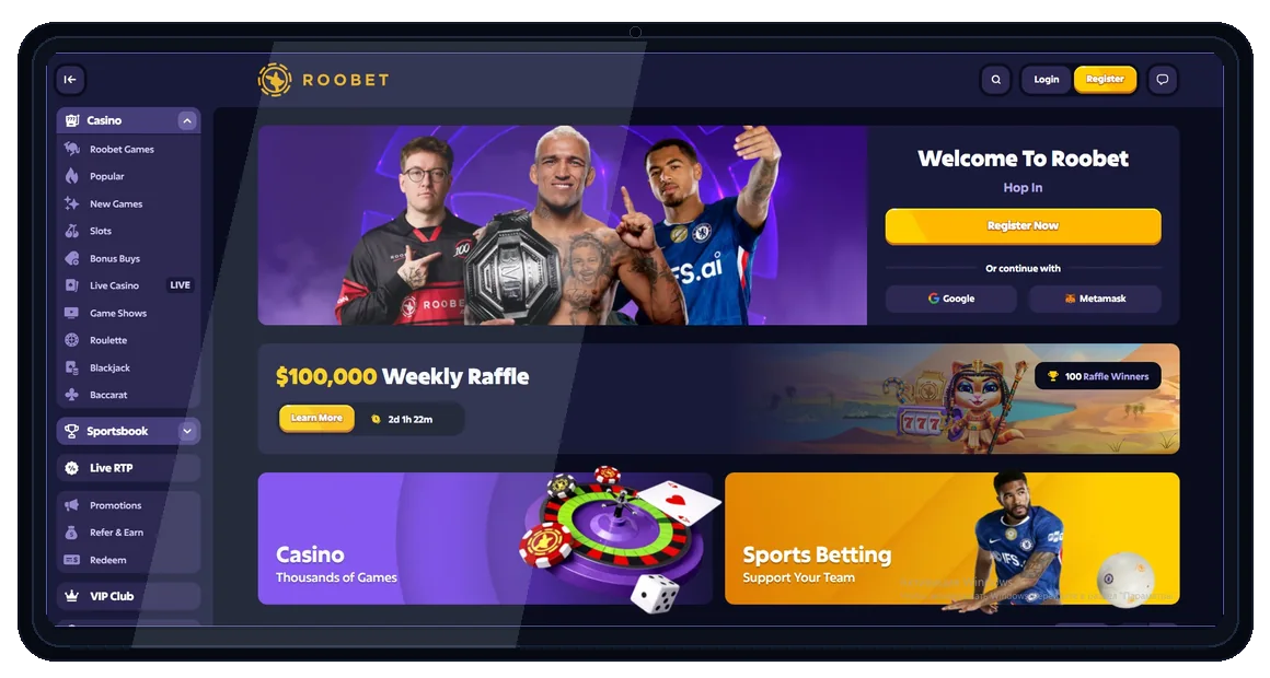 Roobet desktop home in laptop mockup