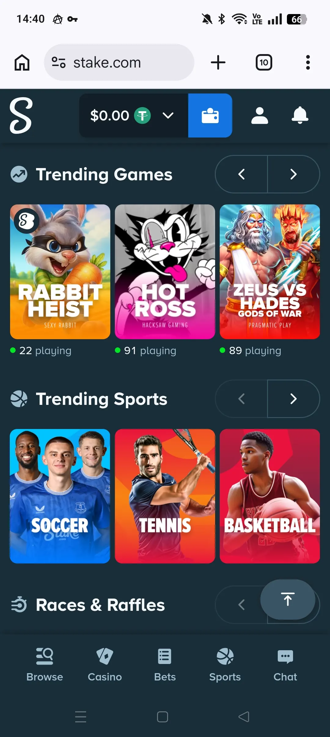 Stake mobile casino lobby with game grid and quick access