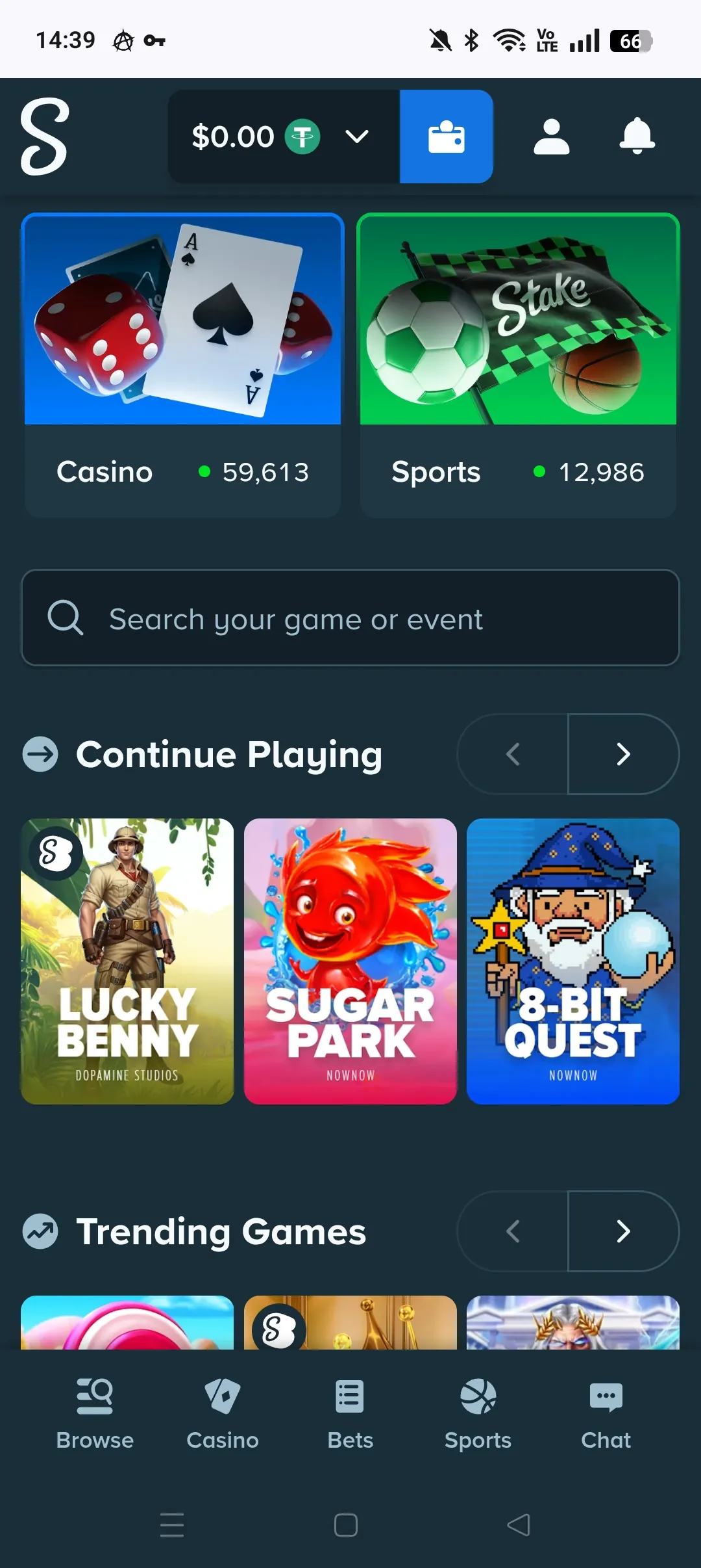 Stake mobile home view with featured categories and navigation