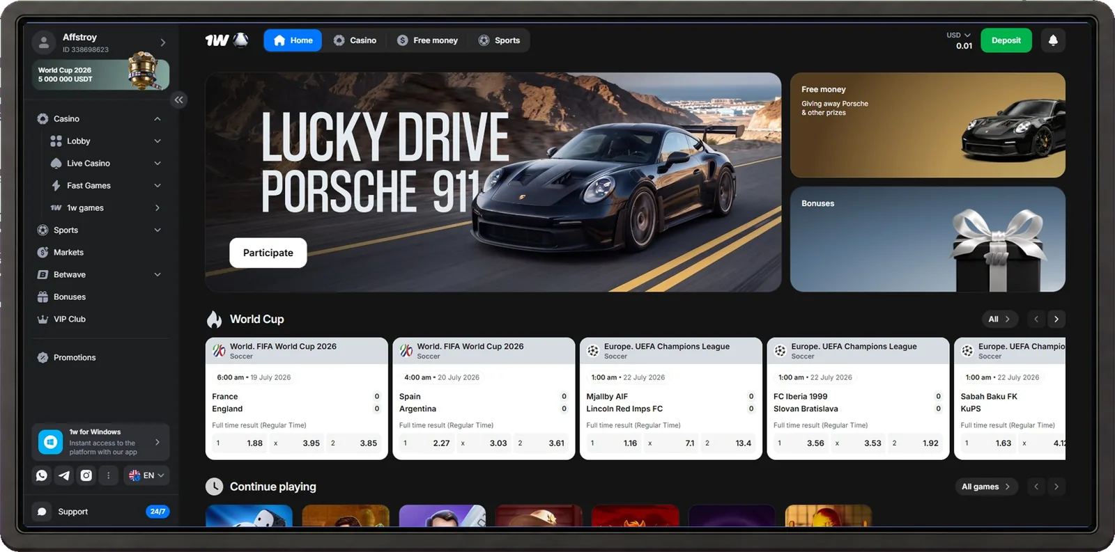 1win interface screenshot from the dated review capture