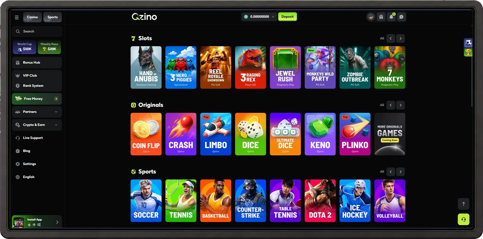 Qzino desktop interface screenshot