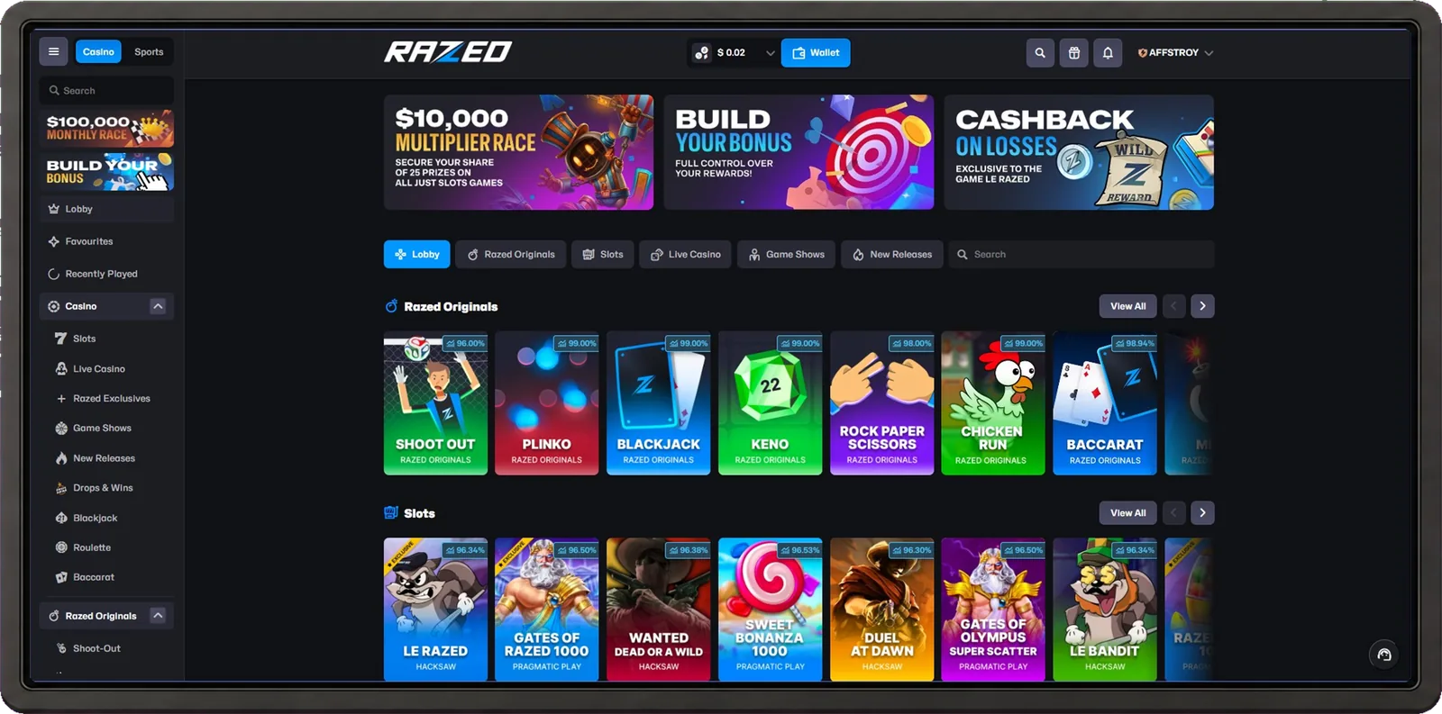 Razed desktop interface screenshot